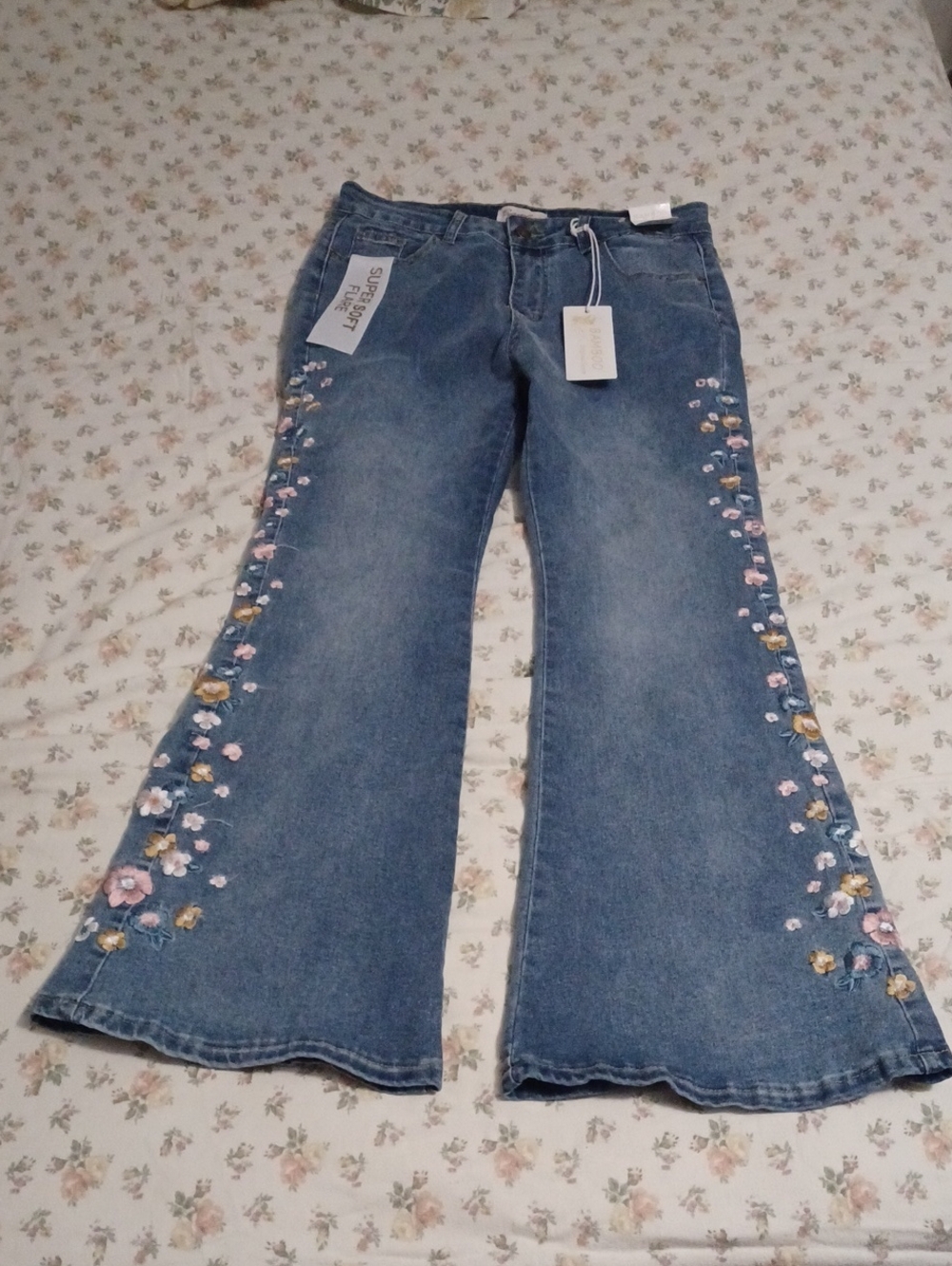 Bamboo Women’s Blue Embroidered Flare Jeans With Floral Side Details Size 13
